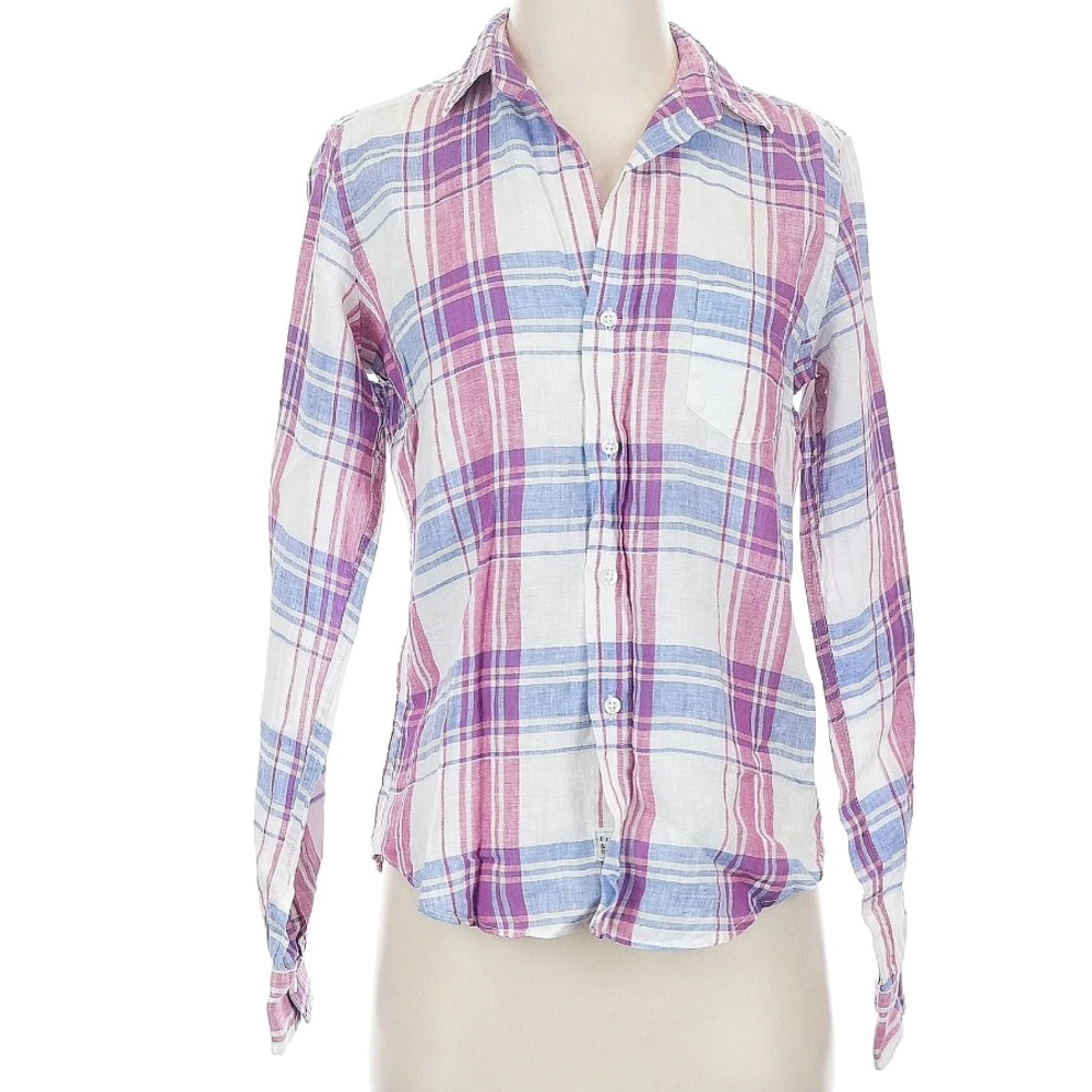 Frank & Eileen Barry Top Blue Pink Plaid Button Up Linen Blend Size XS - Picture 3 of 11